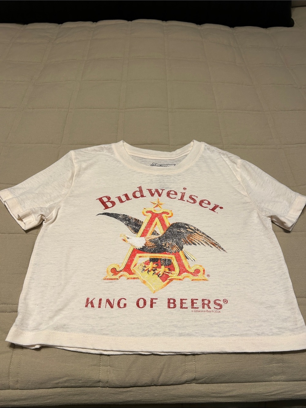 Budweiser White Women’s Crop Tee with Red and Gold Eagle Logo